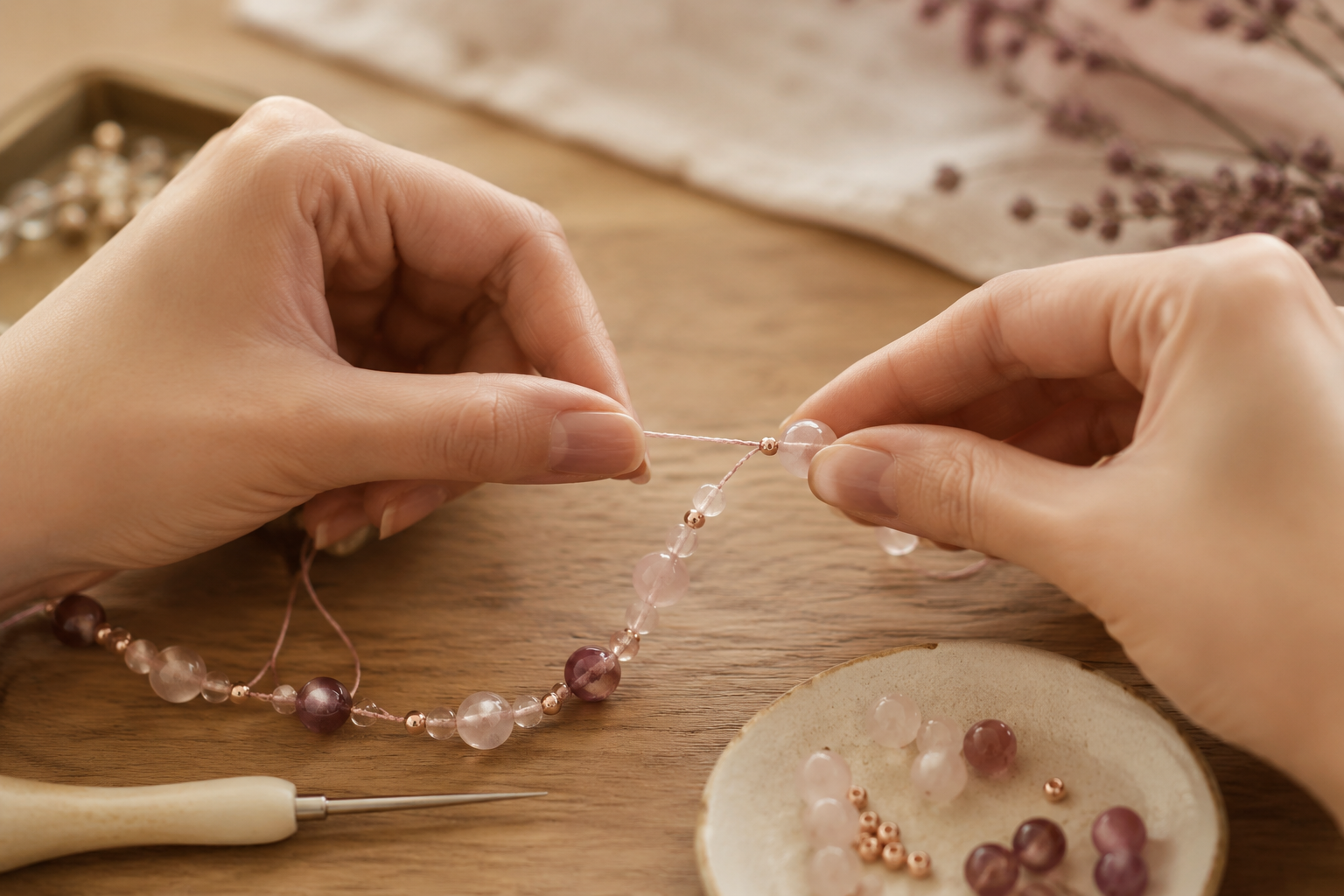 Hands threading beads onto cord